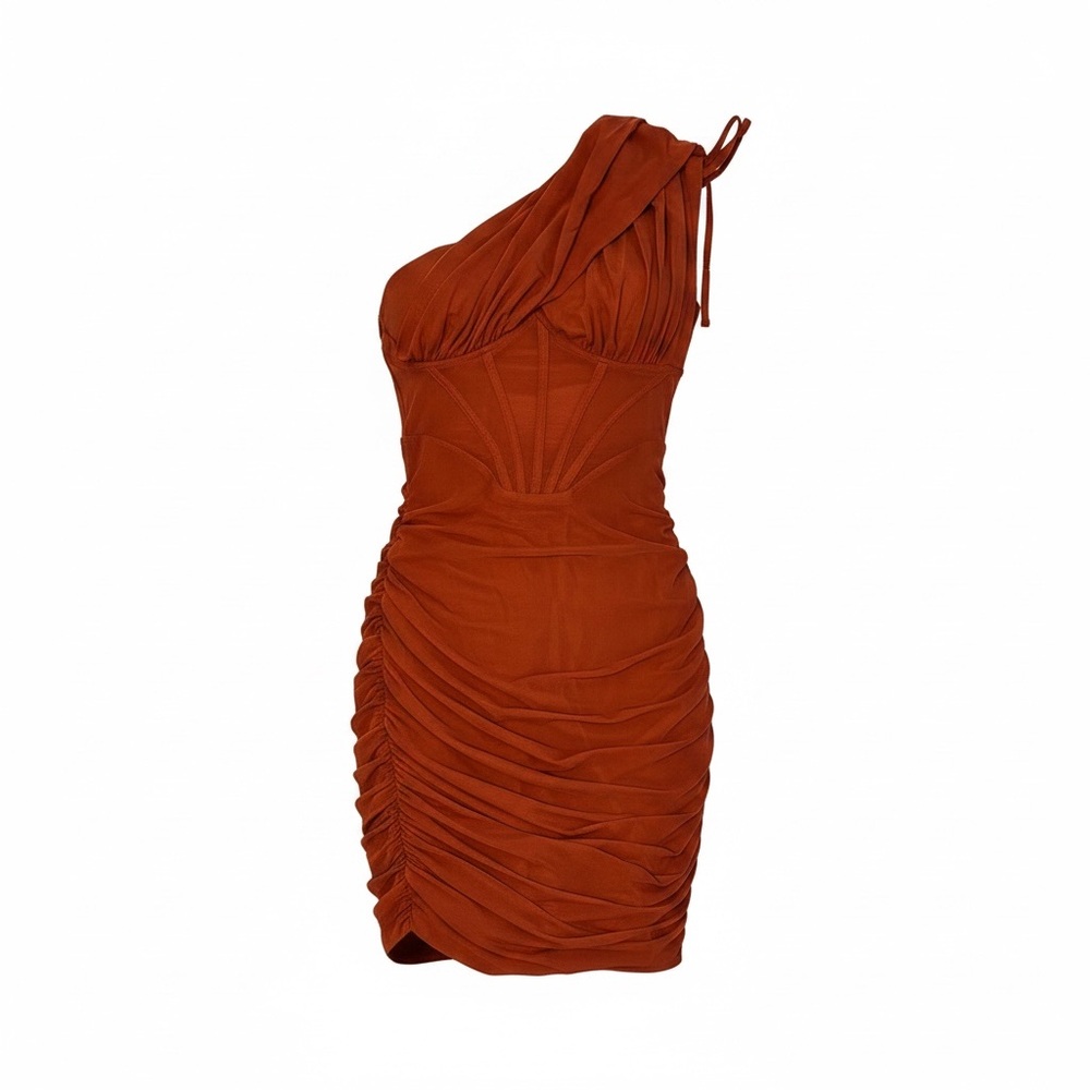 SHEIN One-Shoulder Ruched Mini Dress in Rust
